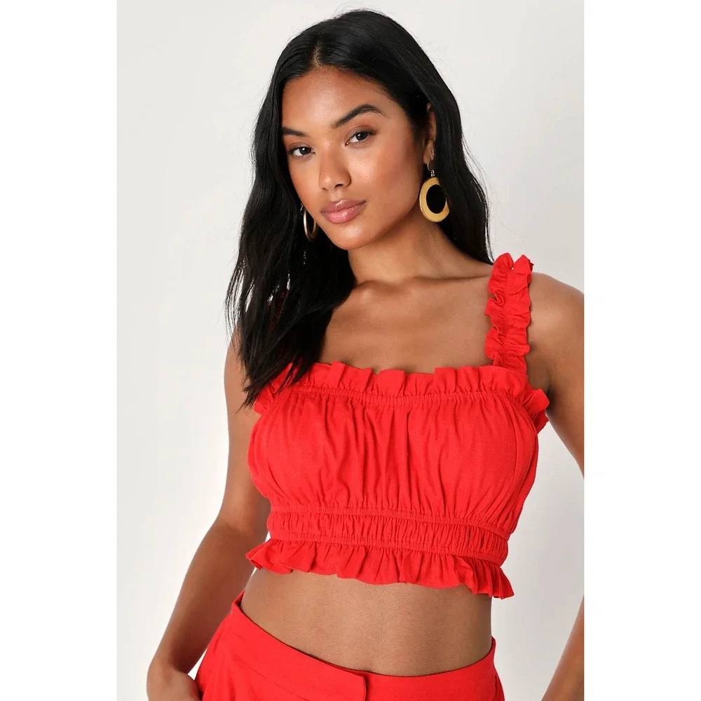 Lulus Hotter Temps Red Linen Ruffled Two-Piece Romper‎ Set NWT Medium
